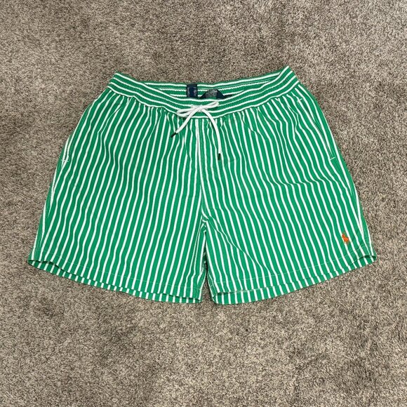 Polo Ralph Lauren Green and White Stripe Drawstring Swim Trunks Shorts Size XXL - Picture 1 of 4
